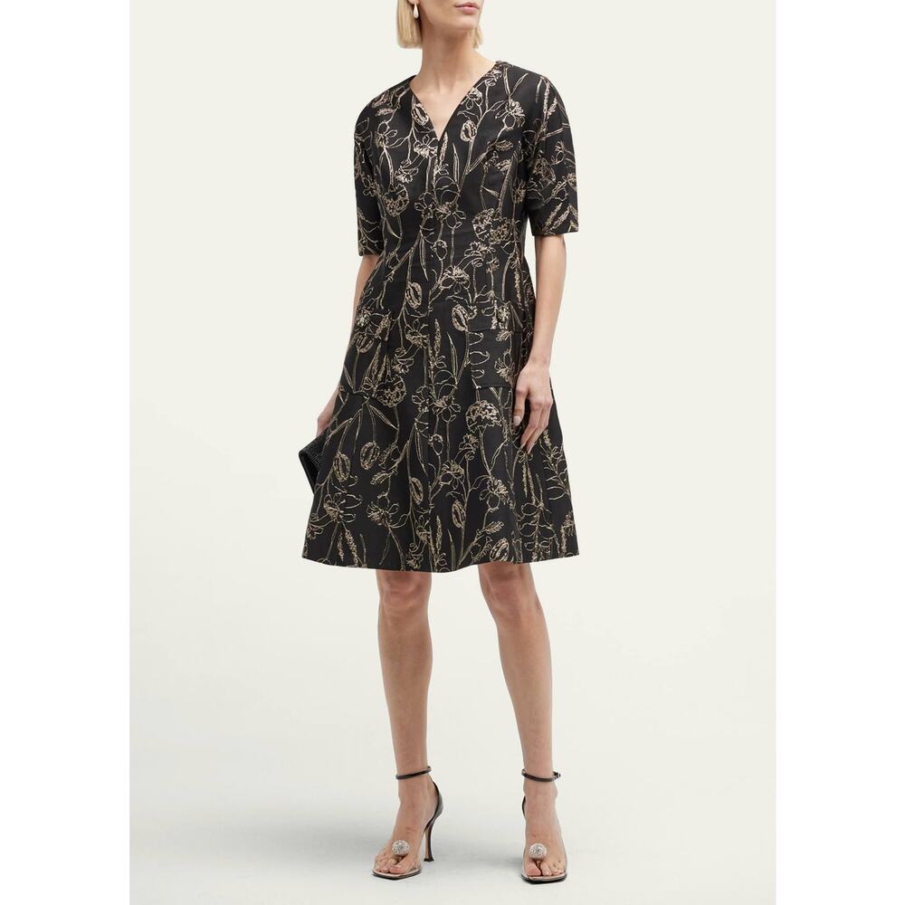 Teri Jonโ Floral Jacquard Dress Black Gold Fit & Flare V-Neck Cocktail Sz 4